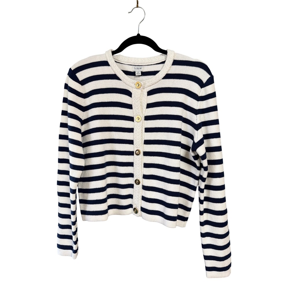NWT J.Crew Navy Ivory Striped Cardigan Gold Button Coastal Preppy M